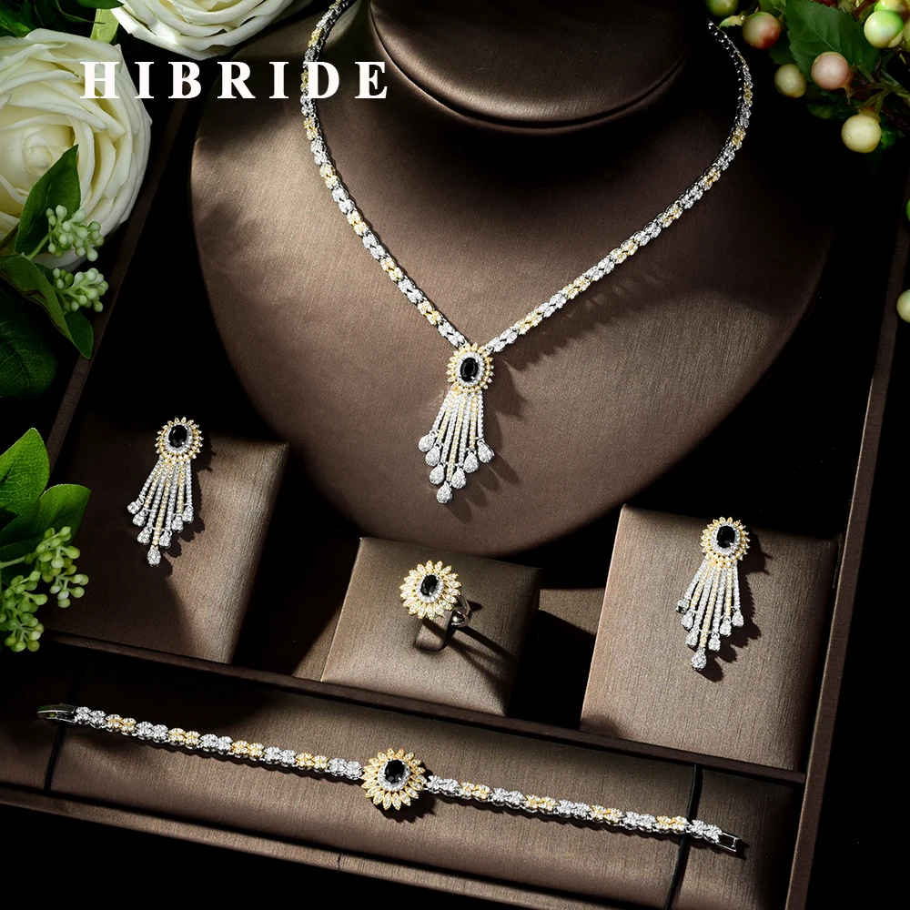 

HIBRIDE Trendy Jewelry Set Geometric Design Water Drop AAA CZ Wedding Jewelry Sets for Brides 2 Tones Jewelry Set Bridal N-317