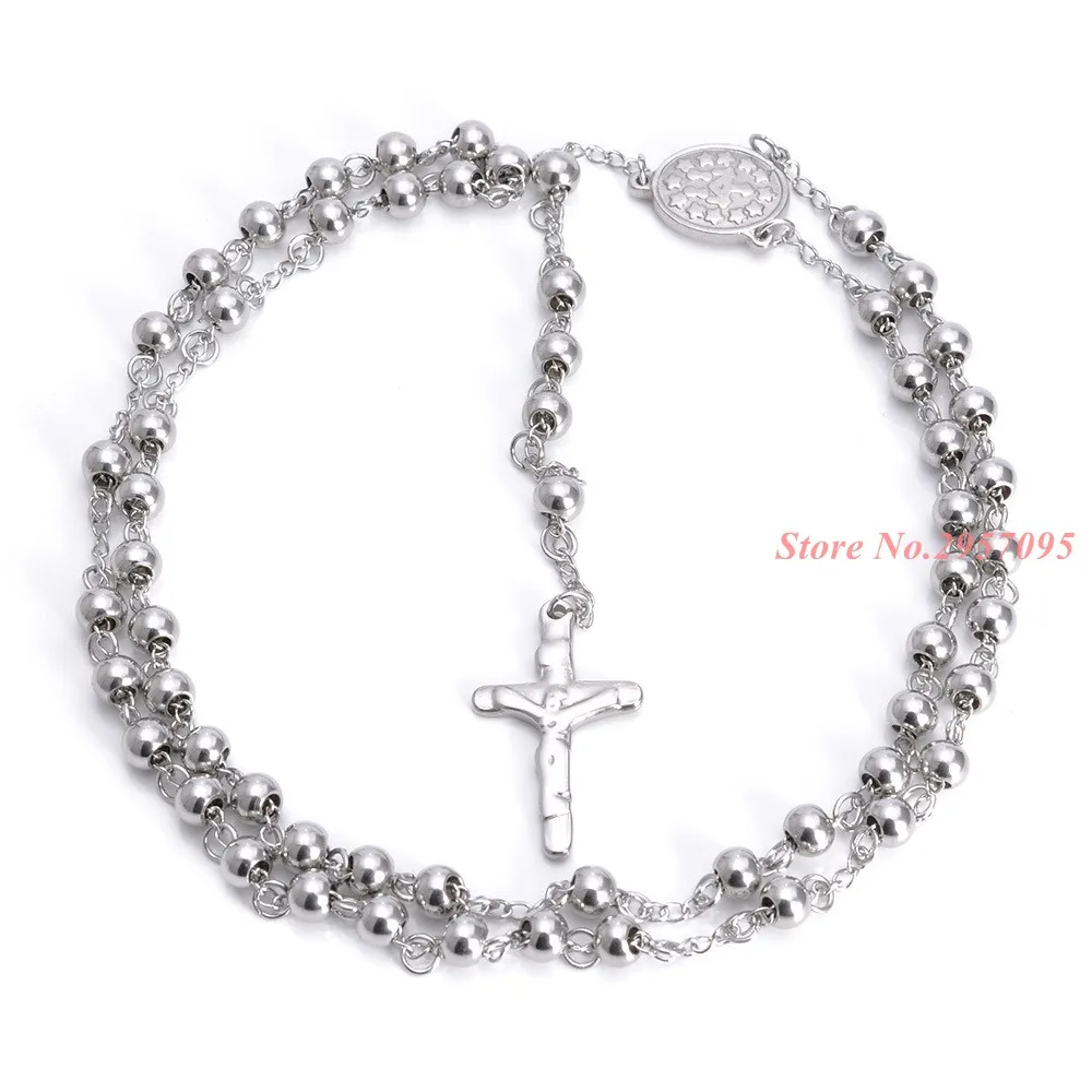 4/6/8/10MM Fashion Jewelry Womens Mens Necklace Top Quality Stainless Steel White Bead Rosary Chain Jesus Christ Cross Pendant