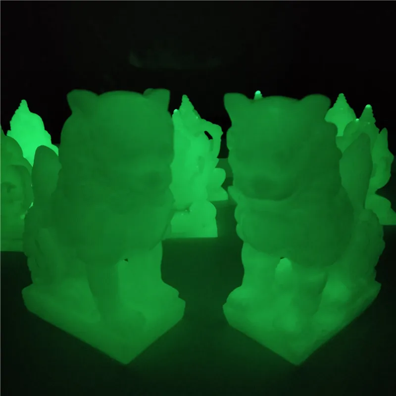 2 Pcs Glowing Chinese Lions Statue Fu Foo Dogs Sculptures Figurine Luminous Man-made Jade Stone Decoration Statues For Home