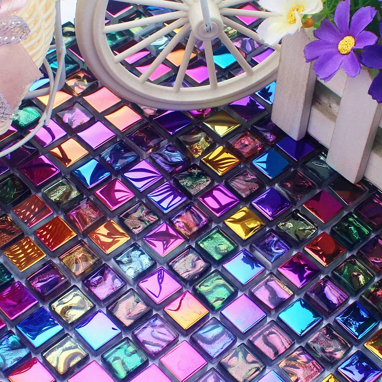 15mm Rainbow Iridescent Electroplate Crystal glass Mosaic Tiles, kitchen bathroom shower fireplace DIY Wall Decorate