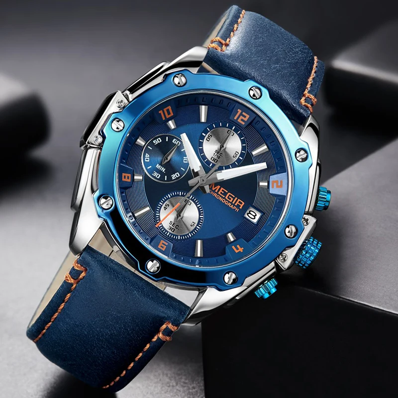 Men\'s Army Military Wrist Watch MEGIR Men Luxury Blue Watch Leather Sports Watches Mens Business Waterproof Quartz Clock Relogio