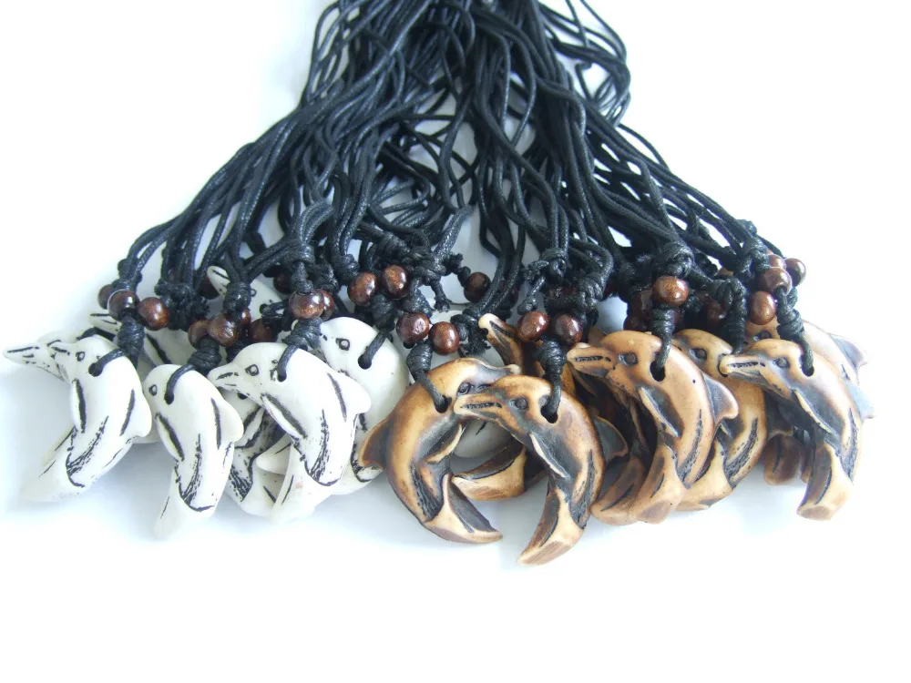 Lot 12pcs Tribal Brown / White Faux Yak Bone Carved Dolphin Tooth Pendant Necklace Adjustable