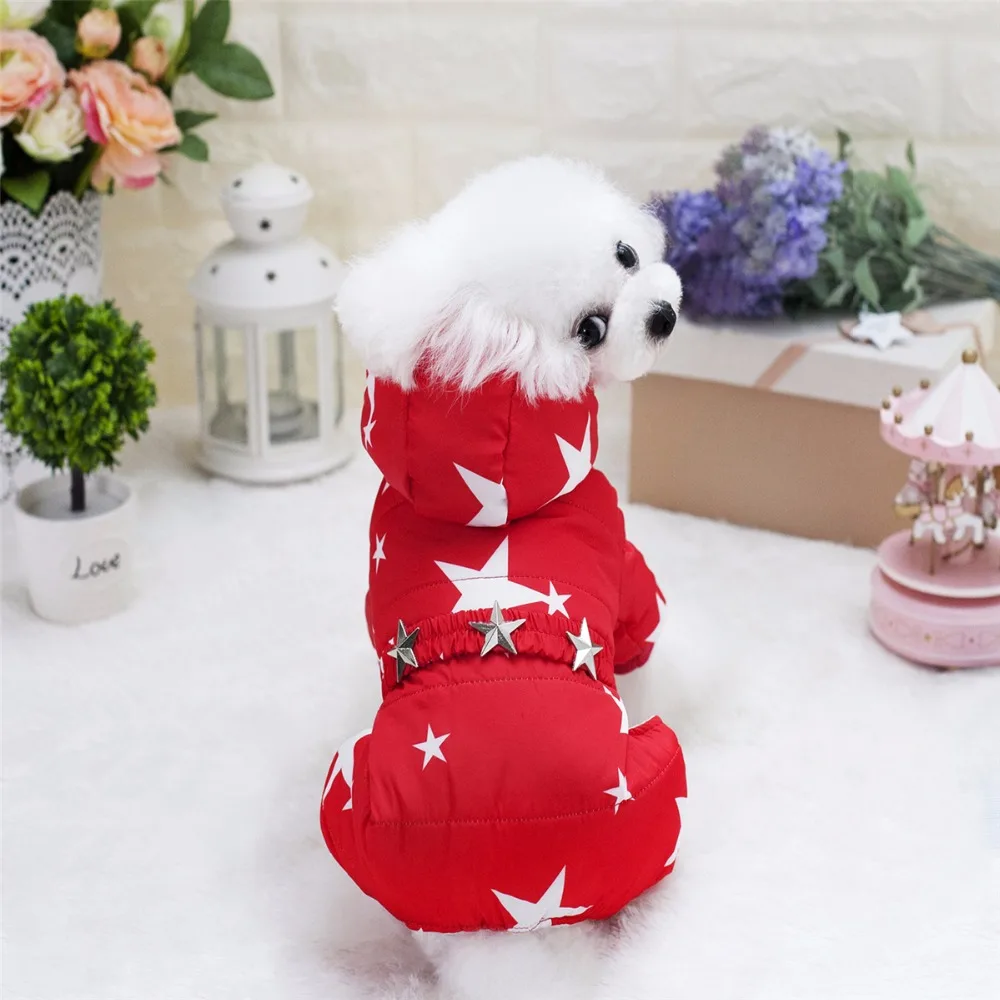 Snowsuit For Small Dogs Fleece Lined Star Belt Hooded Jumpsuit Four-Legs Pants Winter Coats Puppy Dog Chihuahua Apparel Cloth