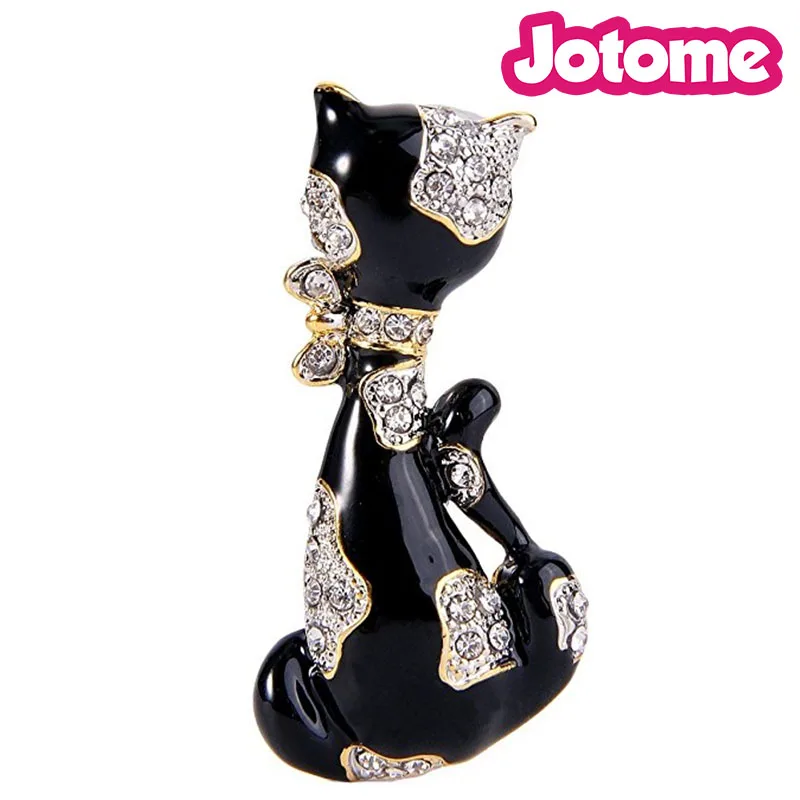 

100pcs a lot Women's Clear Gold-Tone Crystal Black Enamel Lovely Sitting Cat with Bowknot Brooch Pin