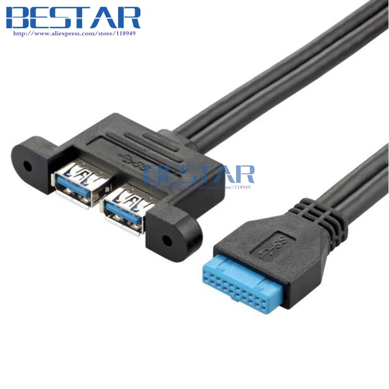 50cm Dual Port USB 3.0 to Motherboard Mainboard 20pin Header Adapter Cable w/ Rear PCI Bracket Panel,20-pins to 2 X USB A Female