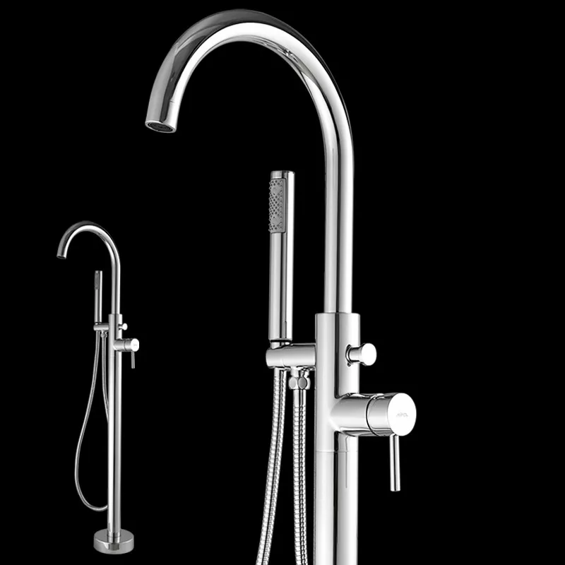 

Bathtub Faucet Brass Chrome Floor Mount Bathroom Faucet Swivel Spout Single Handle Tub Filler Hand Shower Sprayer Mixe