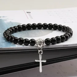 Trendy Men Natural Stone Bracelet Charm Matte Black Cross Beaded Bracelets&Bangles Women Yoga Strand Chain Couple Jewelry Gifts