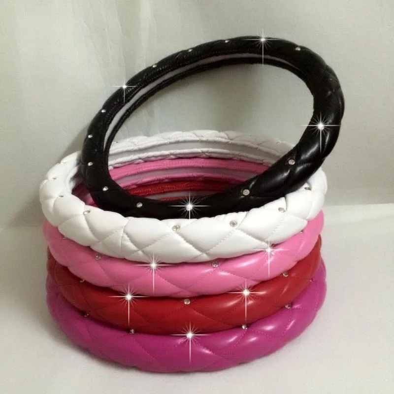 Leather Steering Wheel Covers Bling Rhinestone Auto Cute Handle Cases Pink Car Interior Accessories For Women Girls Purple