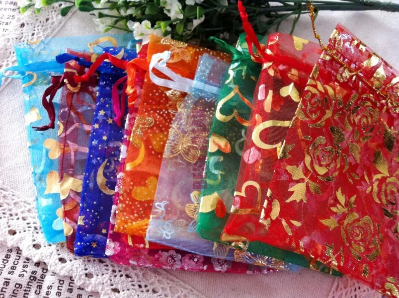 Hot Sale Wholesale Free Shipping 1000pcs 9x12cm Random Mixed Drawable Organza Wedding Gift Bags&Pouches