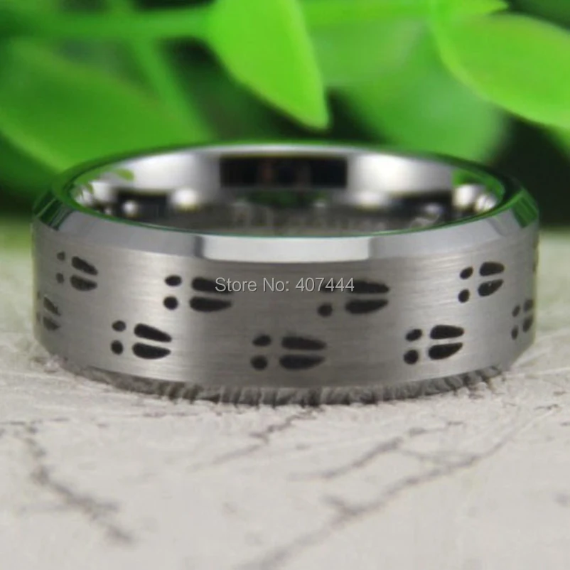 Free Shipping USA UK Canada Russia Brazil Hot Sales 8MM Satin Silver Bevel Hunting Deer Tracks Comfort Fit Fashion Tungsten Ring