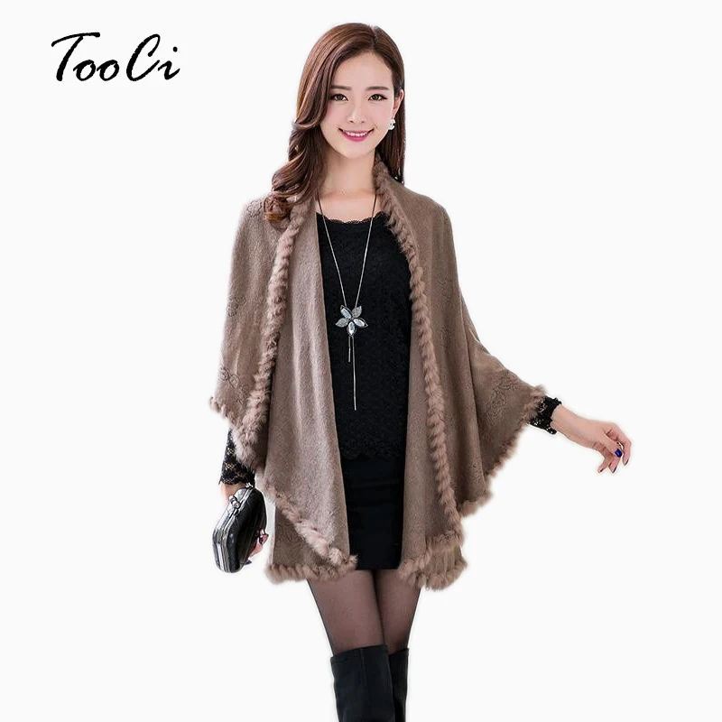 

New Fashion Spring Rabbit Fur Collar Cashmere Cardigan Shawl Women Khaki Knitted Fur & Faux Fur Poncho Coat Outerwear