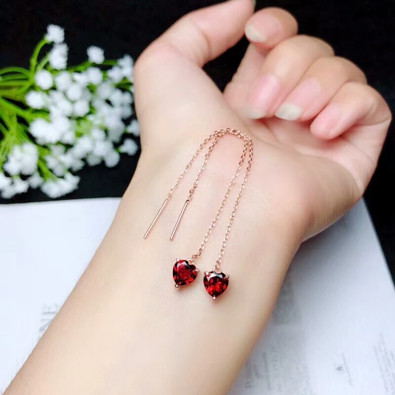 KJJEAXCMY fine jewelry 925 pure silver inlaid natural garnet flame color female section heart-shaped ear stud line support t