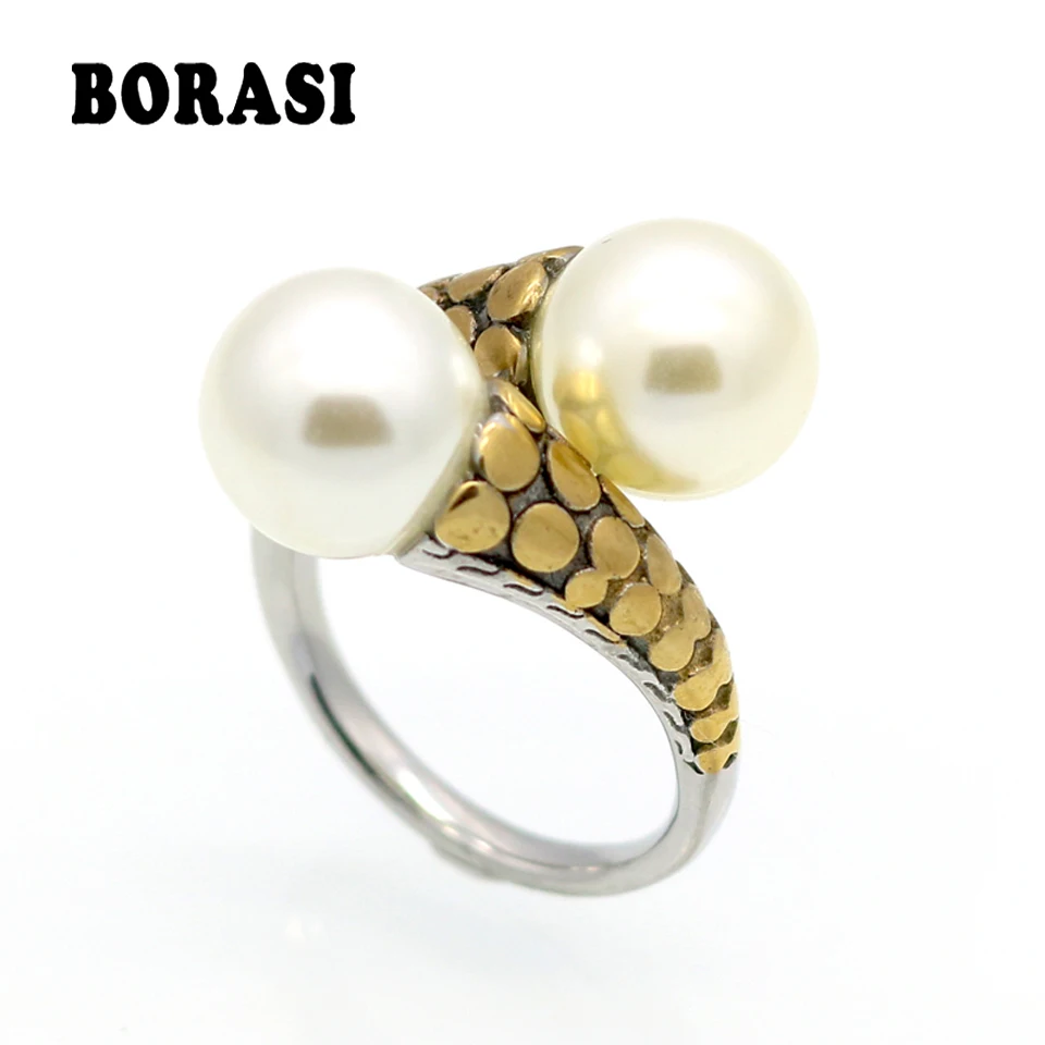 Spring New Arrival Hot High Quality Stainless Steel Vintage Fashion Double Pearl Ring Gold Color For Women Party Jewelry