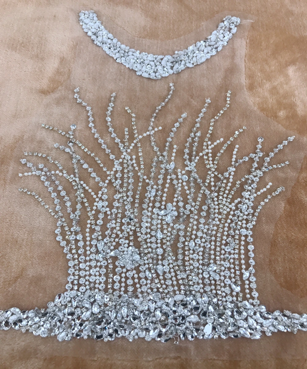 handmade silver sew on silver hinestones applique on mesh peal  crystals trim patches 30*44cm for wedding  dress  accessories