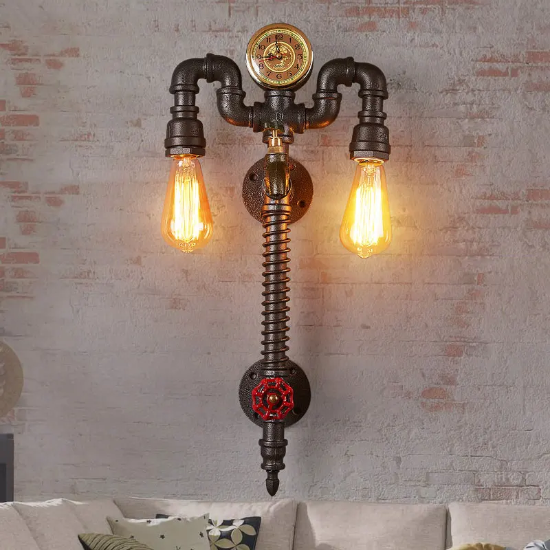 

Creative Retro Personality Clock Wall Lamp Cafe Bar Lights Industrial Wind Restaurant Balcony Loft Wrought Iron Wall Sconce Bra