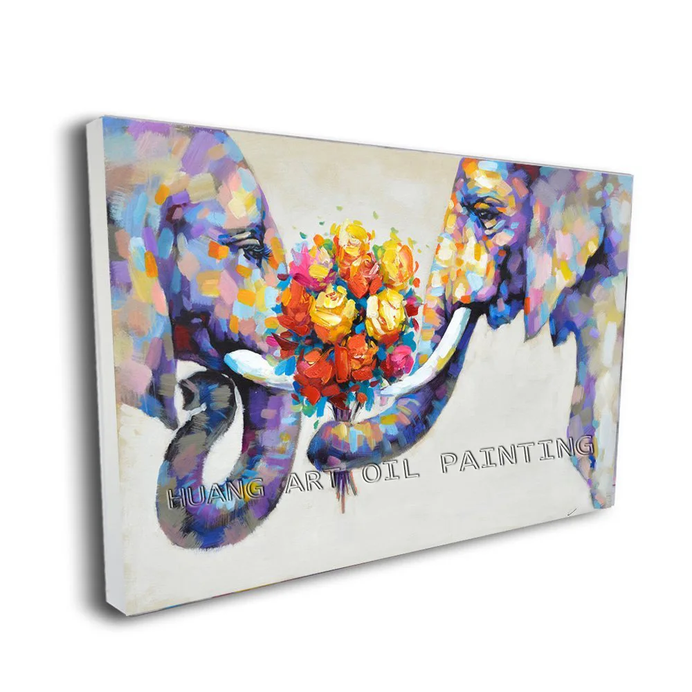 Pure Hand Painted Romance Elephants Textured Oil Painting on Canvas Knife Modern Love Animal Acrylic Painting for Room Decor