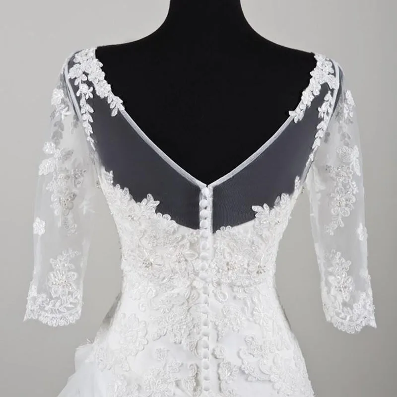 Round Neck Wedding Jackets 3/4 Sleeve V Back Top Lace Applique Edge Wedding Bridal Bolero Jacket Shawl White Ivory Custom Wraps