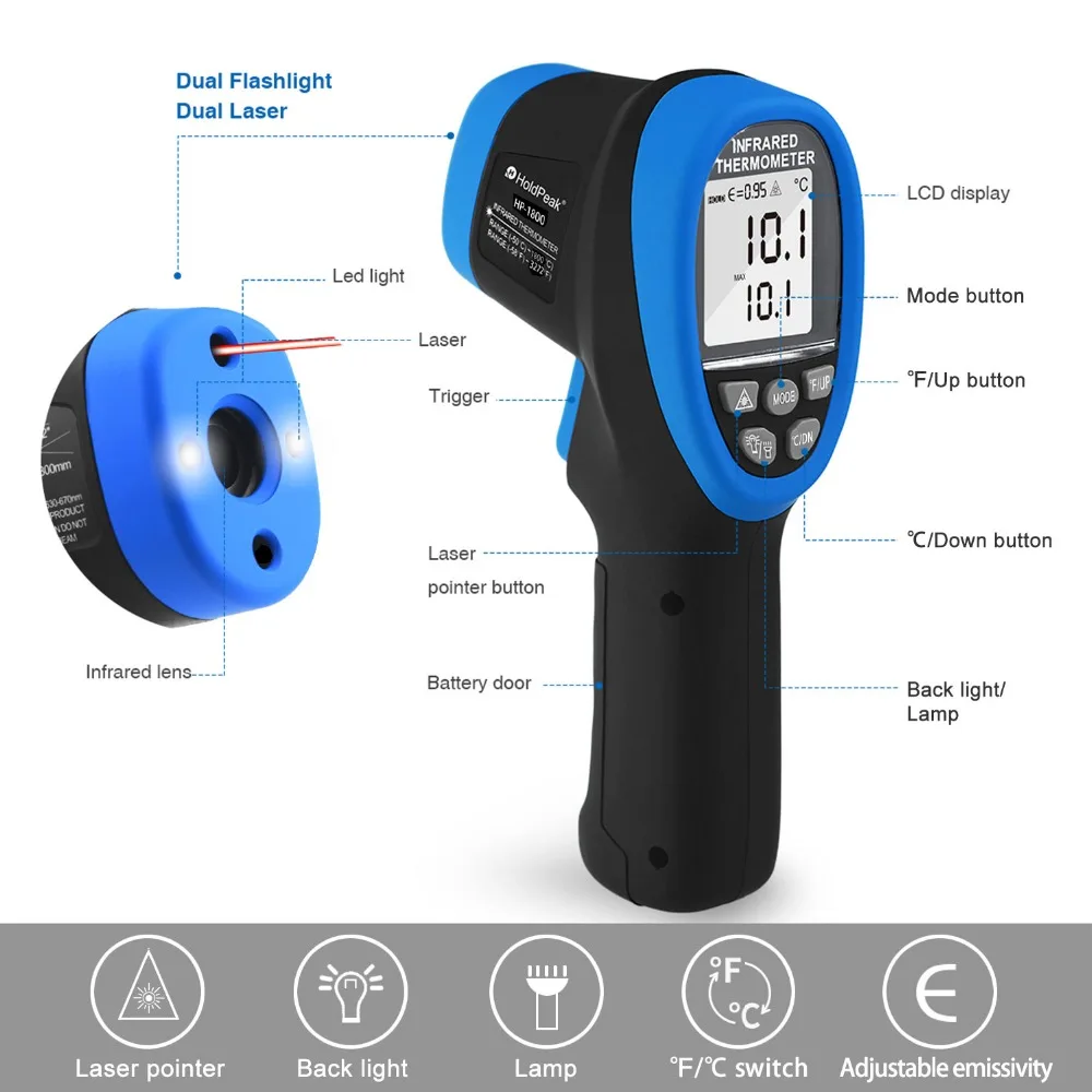 HOLDPEAK HP-1800 High temperature Infrared Thermometer handheld gun,-50'C--1800'C,High Temp Tester with Backlit Flashlight