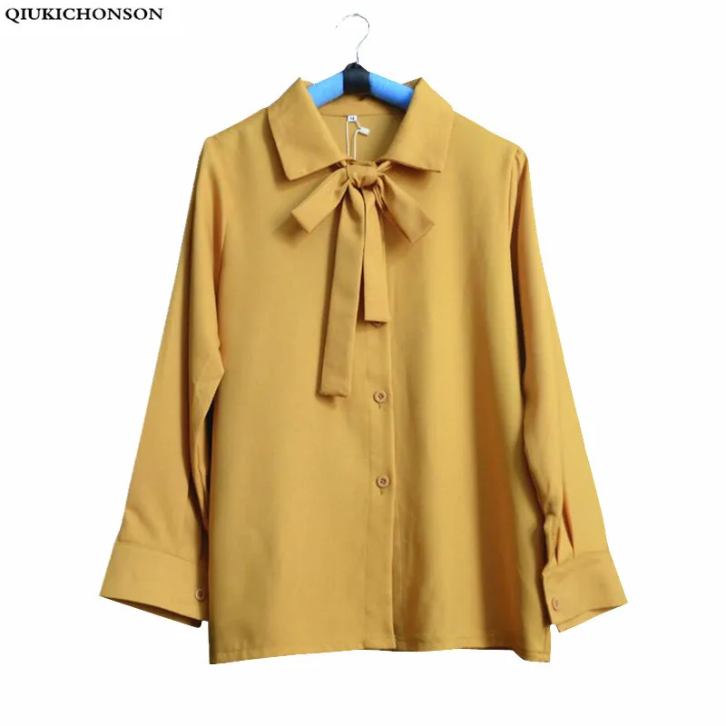 Qiukichonson yellow top women long sleeve chiffon shirt 2022 spring summer elegant ladies bow collar long sleeve chiffon blouses