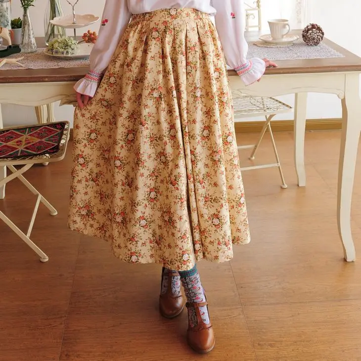 LYNETTE'S CHINOISERIE Autumn Summer New Original Design Women Cotton Vintage Rustic Floral Print Pleated Skirt Detachable Lining