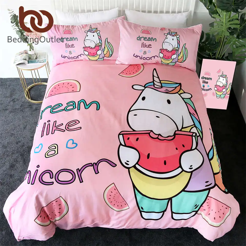 

BeddingOutlet Unicorn Bedding Set Cartoon Duvet Cover With Pillowcases for Kids Watermelon Bed Set Pink Girly Home Textiles 3pcs