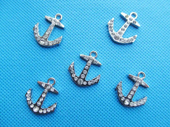 10pcs Silver tone/White K Metal Anchor Pendant Charm/Finding,dotted with 18pcs White Rhinestone,DIY Jewellerry Accessory