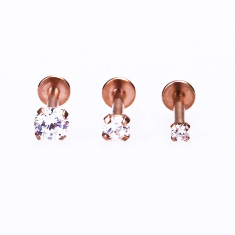 Rose Gold Color Labret Stud Lip Ring Ear Stud Crystal CZ Gem Zircon Clear 2 3 4mm 16G Internally Threaded CZ Tragus Body Jewelry