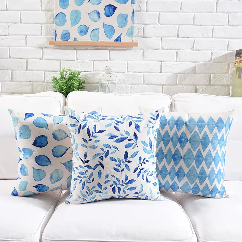 Mediterranean Watercolor Blue Christmas Pillow Cover Geometric Linen Cushon Cover Sofa Home Decorative Throw Pillows