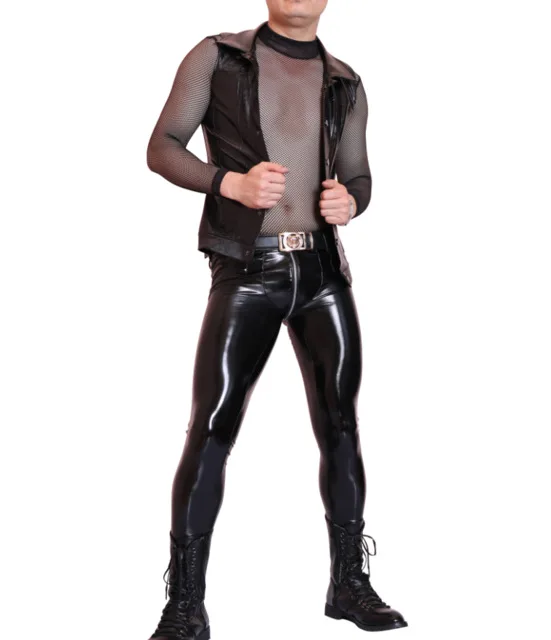 XXL Sexy Men Faux Leather Slim Vest Black PVC Shiny Jumpsuit Sexy Bodysuit Punk Club Dance Wear Light Standard Cool Wear FX100