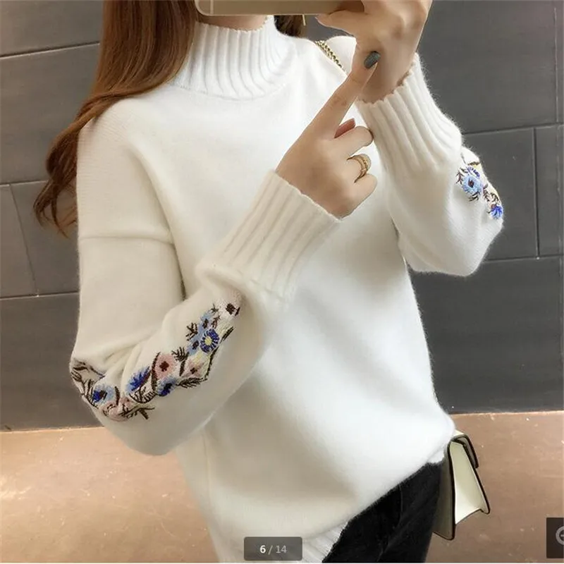 UHYTGF Fashion Women Sweaters 2023 Autumn Winter Sweater Woman Pullovers Flower Embroidered Turtleneck Knitt Sweater Long sleeve