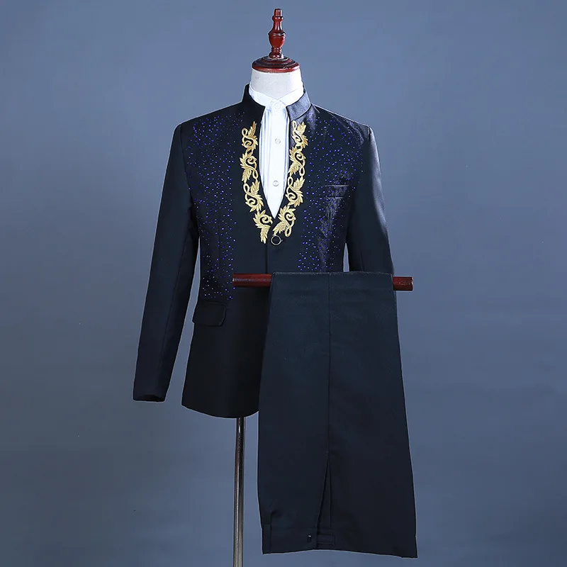 Traje blanco bordado con diamantes para hombre, trajes de esmoquin para novio de boda, traje de escenario para graduación con cuello levantado, trajes para hombre con pantalones Ternos