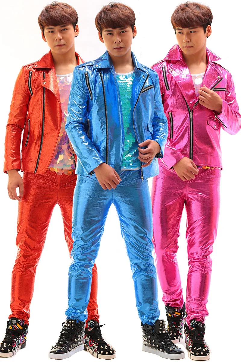 Pink Blue Leather Rivet Zipper Jacket Pants 2 Pieces Set Concert Stage Performance Male Singer Drummer Bar Nightclub Costume