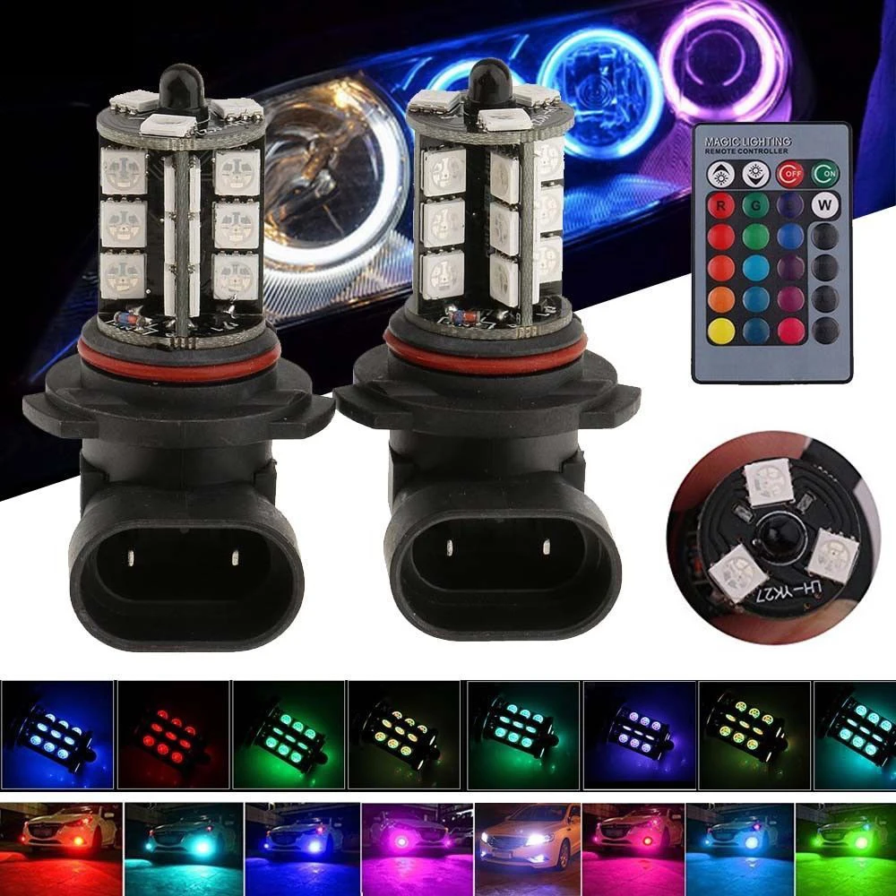 2pcs LED Remote Control Flash Fog Light 3 Core Car Headlight DRL Bulb Headlamp Atmosphere Lamp Kit H8/H9/H11-RGB 5050 27SMD