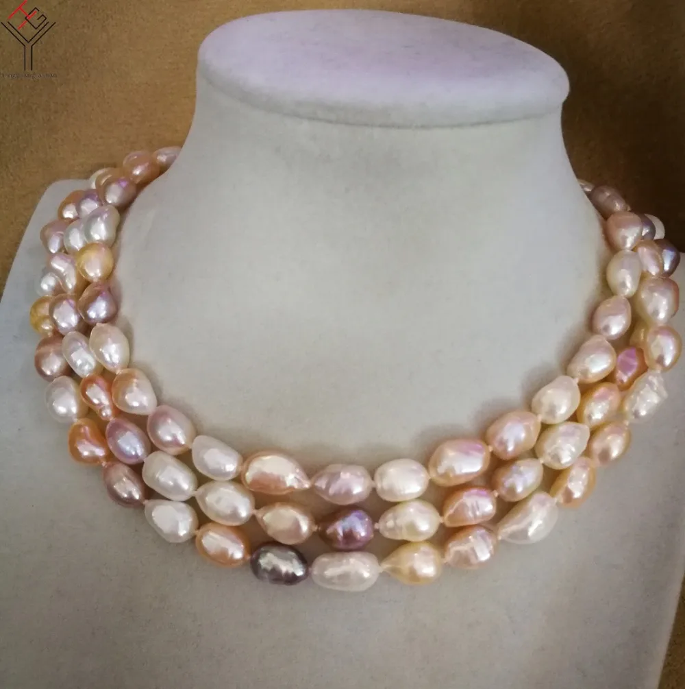 120cm 47inch 9x10mm white pink purple mixed baroque pearl necklace Jewelry Real cultured freshwater pearl gift