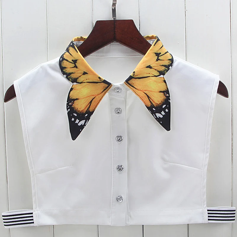 Detachable Chiffon Hand-painted printed yellow butterfly shirt collar sweater bottom letter Beaded ladies wild decorative