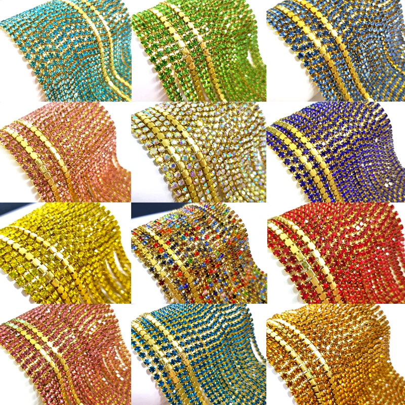 

SS6 2mm 5yards/lot Colorful Glass Crystal Rhinestone Chain, Gold Bottom Sew on Cup Chains For Diy Garment Bags Decorations ZLG06