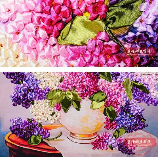 45x50cm 3D flower vase Ribbon embroidery painting set floral kits handcraft cross-stitch DIY handmade needlework wall art decor