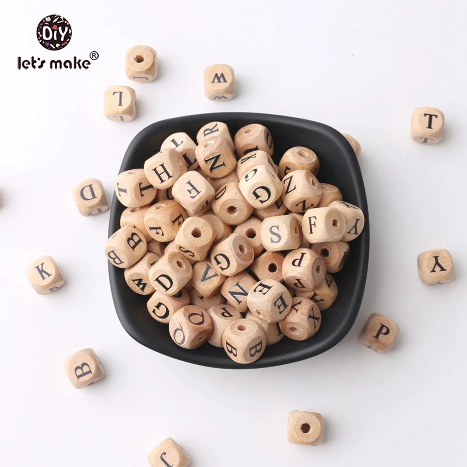 Let's Make 20pcs Baby Teething Crib Toy 12mm Square Shape Beech Wood Letter Beads Teething DIY Crafts Chew Beads Baby Teether