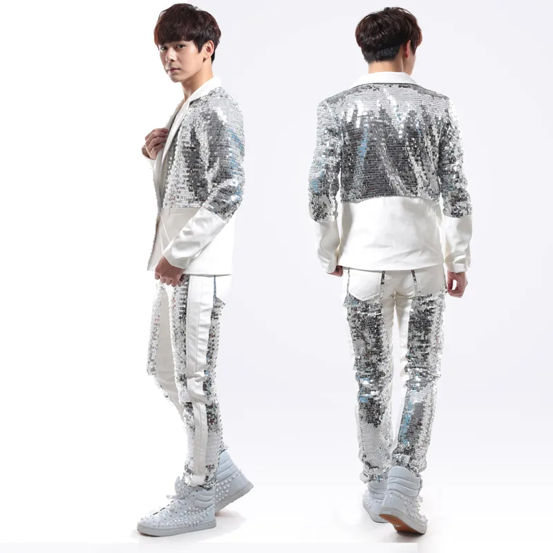 (Jacket+Pants) Men Suit Silver Sequins Blazers Trousers 2 Piece Stage Costume Nightclub Punk Male Singer Rock Bar Dance Outfit