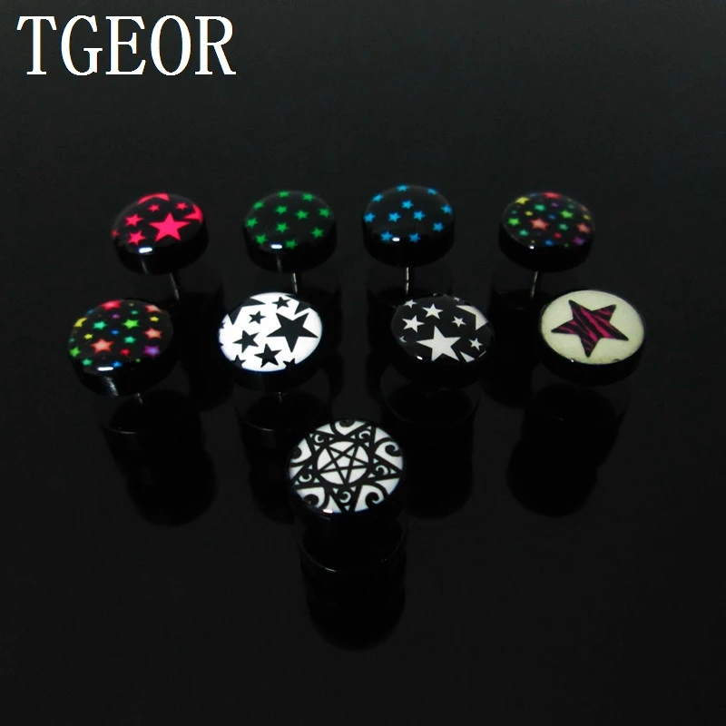 free shipping wholesale piercing 20pcs 10mm illusion cheaters star pattern logo print glow Acrylic ear Fake Plugs