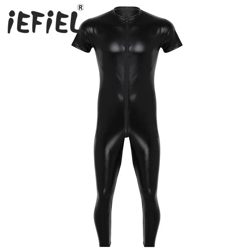 

iEFiEL Black Faux Leather Mens Lingerie Stretchy Short Sleeves Zipper Crotch Full Body Leotard Jumpsuit Male Nightclub Bodysuit