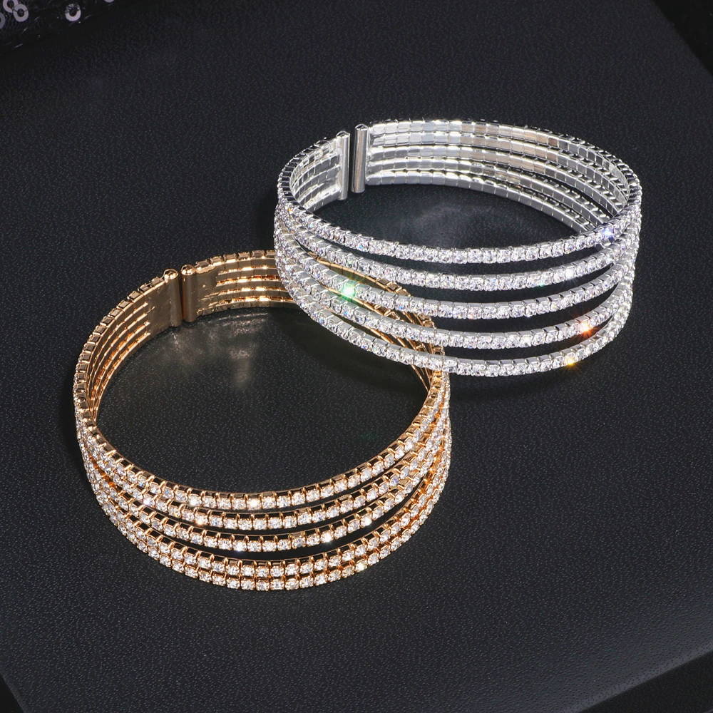 5 Rows Elegant Clear Rhinestone Bangle Bracelet Gold Color Crystal Bangles Wedding Bridal Jewelry Accessories For Women 2024