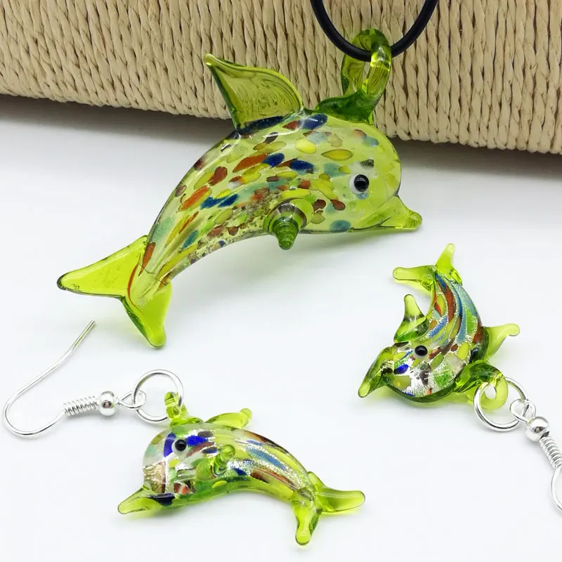 

Wholesale 6 Sets Green Dolphin Foil Lampwork Glass Pendant Necklace Earrings Fashion Jewelry