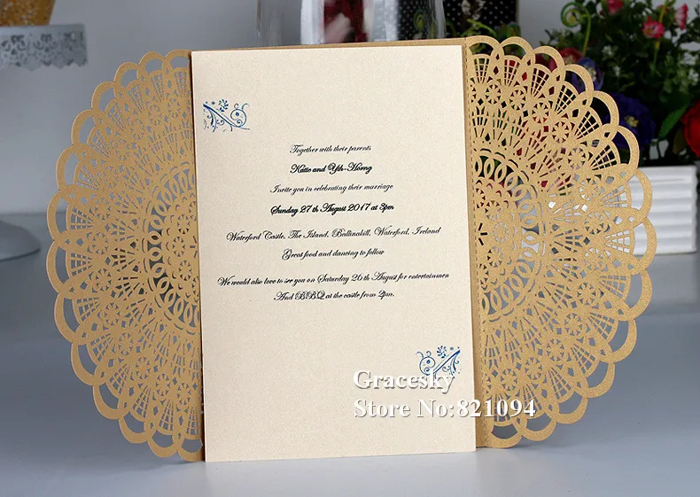 30pcs/lot Free Shipping Laser Cut beautiful Lace folded Paper Wedding Invitation Cards RSVP Receipt Cards text customized