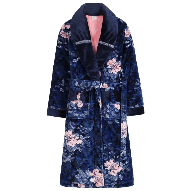 Big Yards M-XXXL nightgown ladies winter three-layer thick warm flannel quilted pajamas long coral fleece bathrobe dressing gown