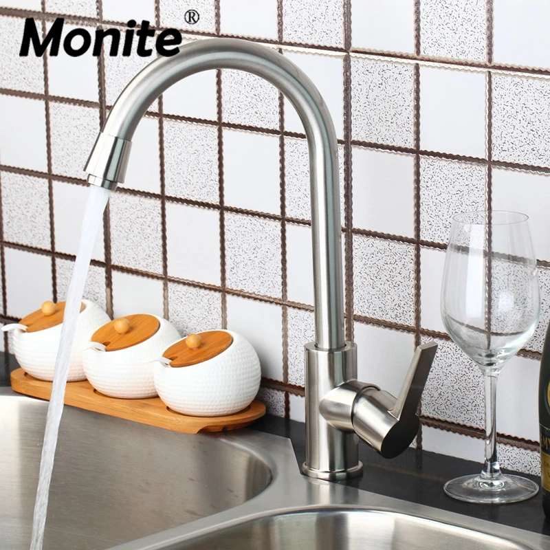 Monite Nikkel Borstel Gedraaid Kitchen Sink Basin Mixer Kraan Massief Messing Basin Swivel Streamen Uitloop Badrandcombinaties Tap