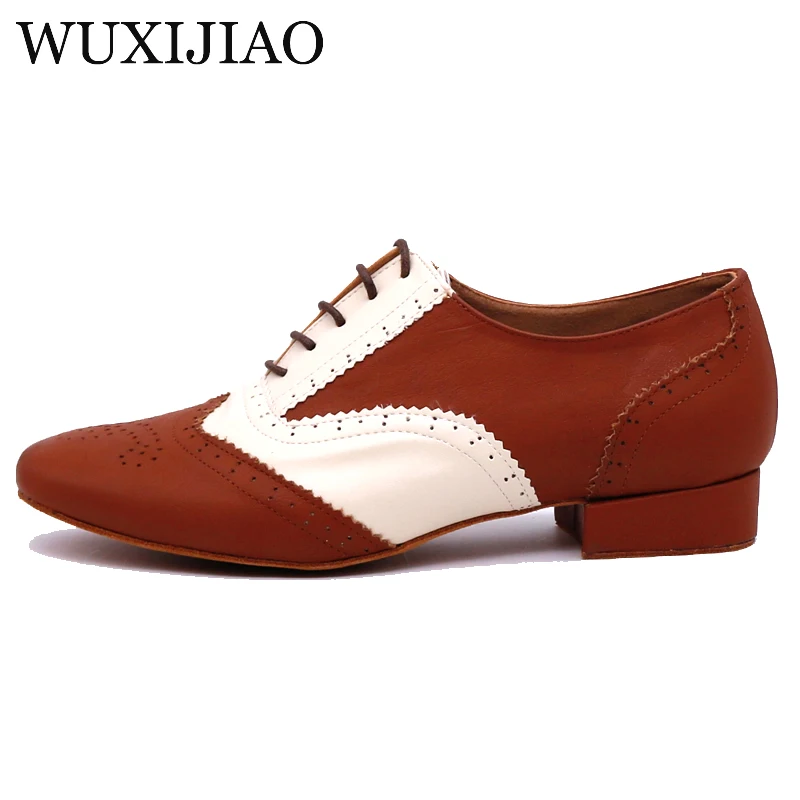 WUXIJIAO Latin dance shoes men's leather ballroom dance shoes men's soft bottom national wind shoes low with 2.5cm