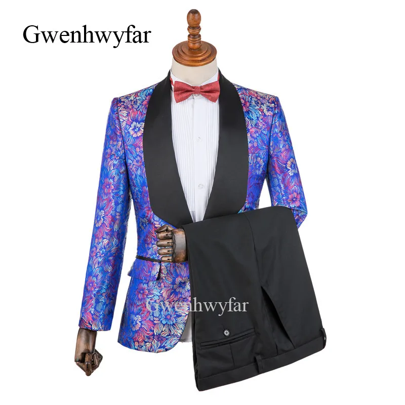 

Gwenhwyfar Design Men Tuxedos Luxury Jacquard Groomsmen Black Shawl Lapel Groom Tuxedos Tuxedo Wedding/Prom Suits Black Pants