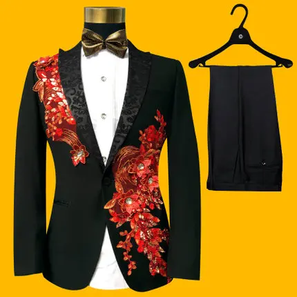 Free ship mens blue/red/silver sequined embroidery black tuxedo suit/stage performance/stuido/dance