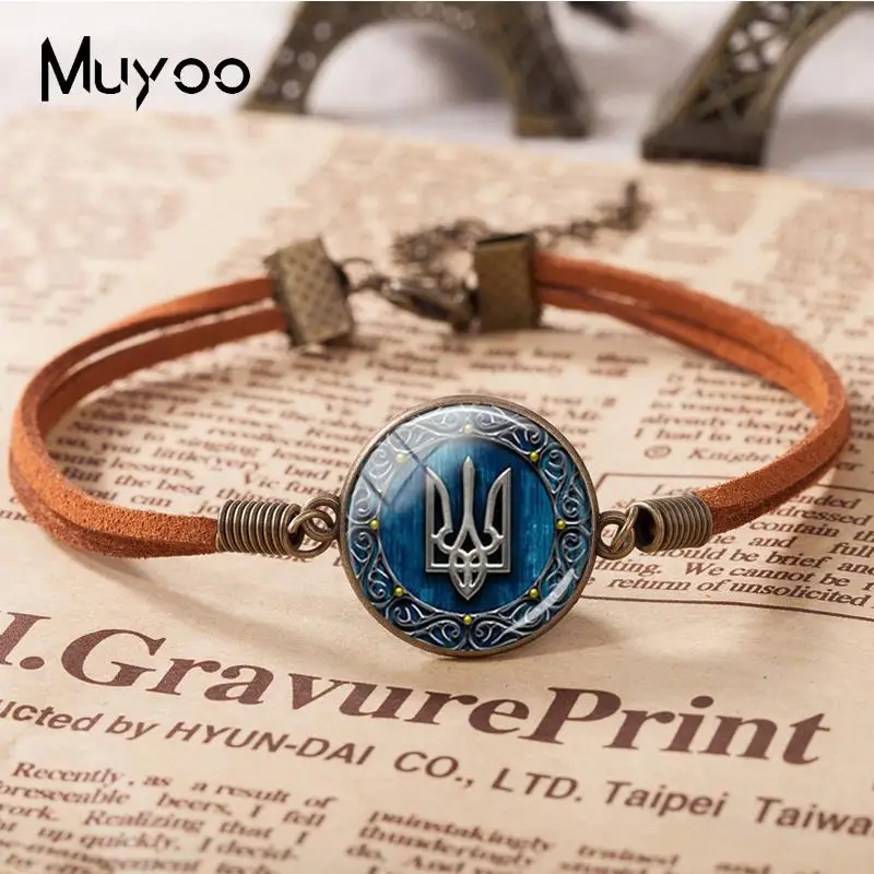 2018 New Tryzub Ukraine Leather Bracelet Glass Dome Cabochon Bracelets Round Handmade Photo Jewelry For Women